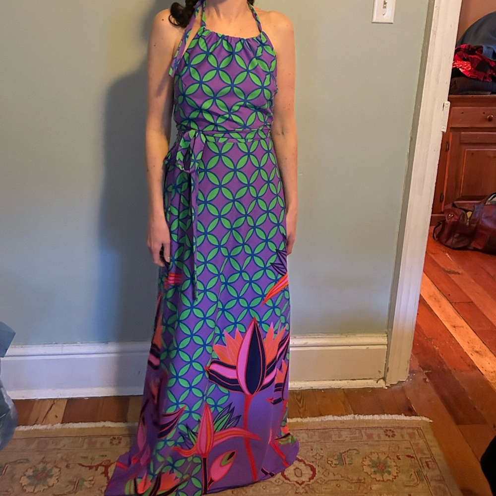 Vintage Vibrant Geometric Halter Maxi Dress